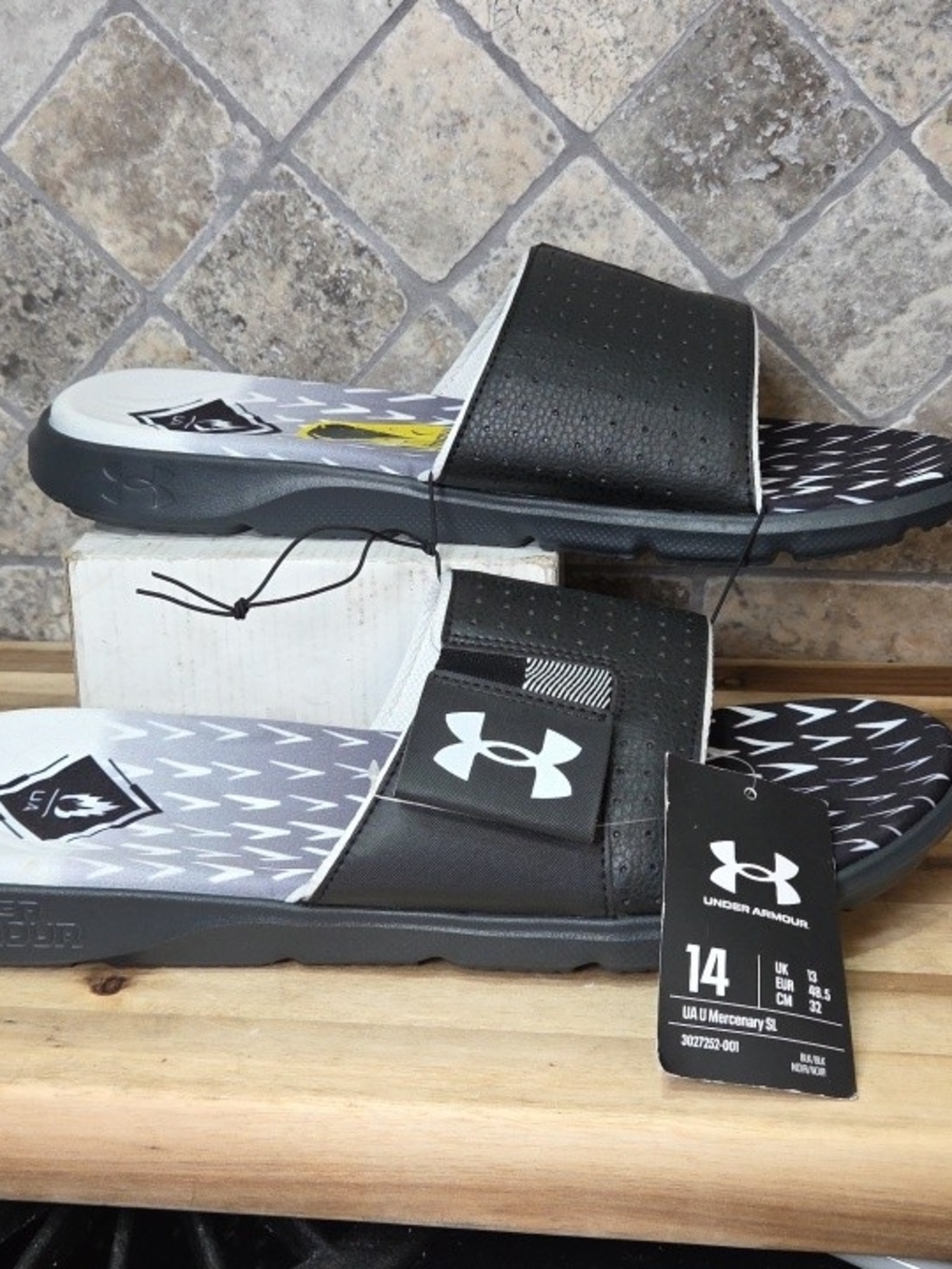 Under Armour Men’s Black Slide Sandals with Gray Footbed - Size 14